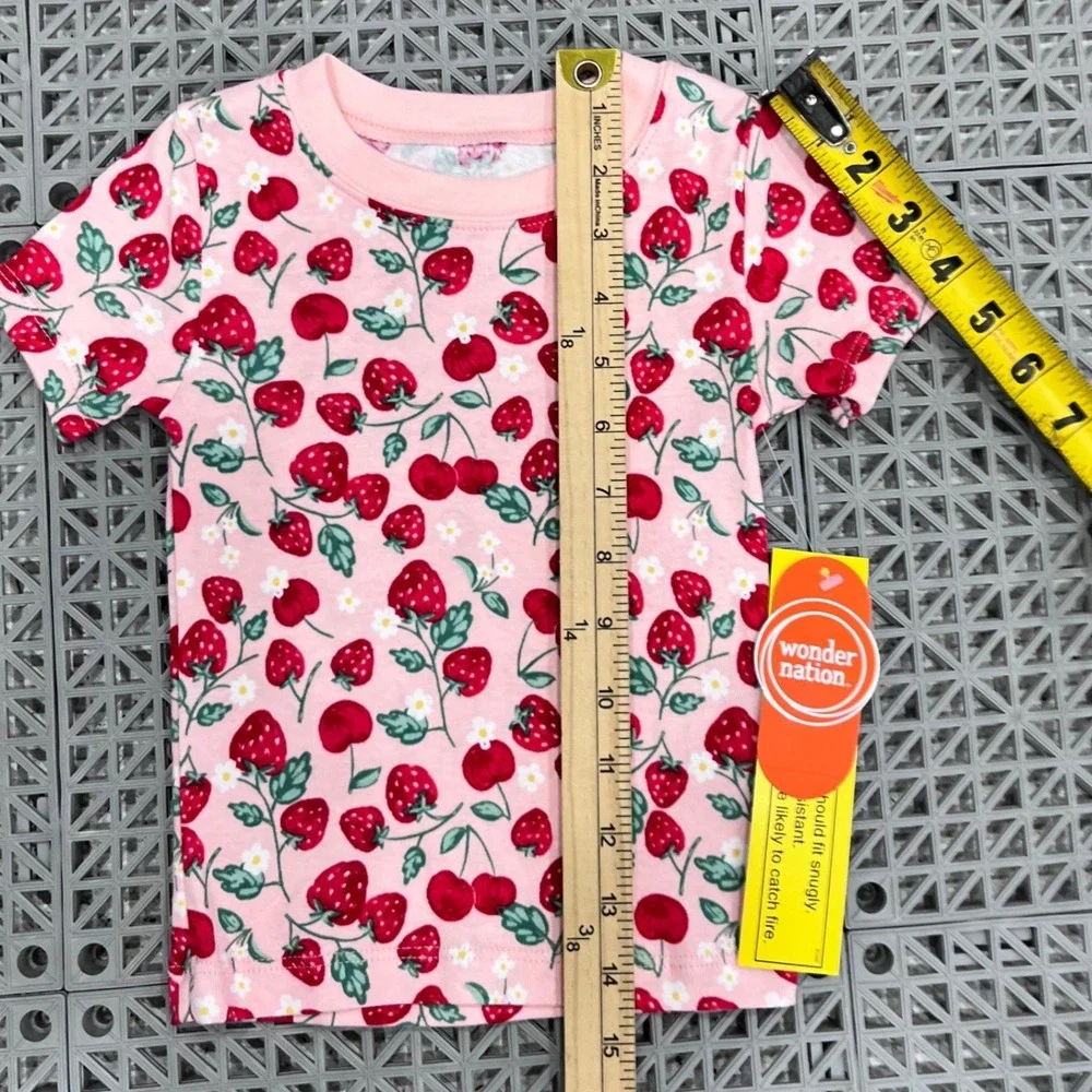 Pink Strawberry Cherry Print Pajamas Girls 2T Snug Fit 2pc Set Springtime Cute‎
